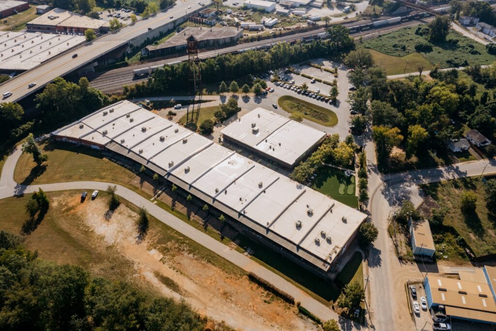 Aerial view of a modern office building complex
